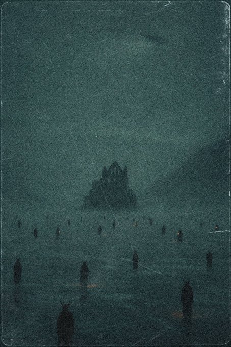 A dark, blue-green, textured digital artwork depicts a lone shadowy figure standing on a foggy beach or plain, facing distant jagged rock formations under a stormy sky. No text, numbers, tickers, or names are visible; the accompanying SuperRare post presents the image in connection with “4 new auctions” and thanks “@osseneth.”