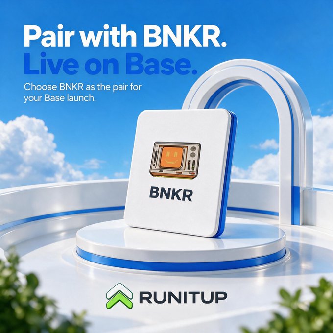 A 3D-rendered promotional image featuring a white platform with a BNKR card/device on display, with text reading 'Pair with BNKR. Live on Base.' and the RUNITUP logo at the bottom.