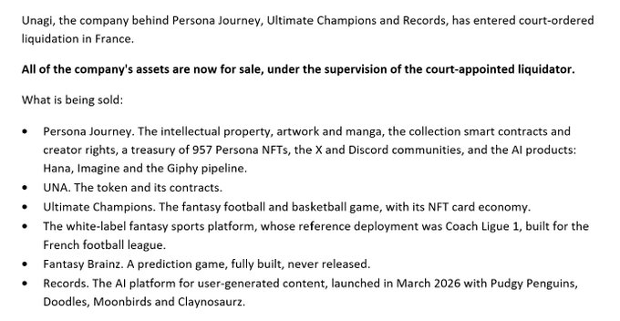 The image details Unagi's court-ordered liquidation sale in France, listing assets including Persona Journey (IP, artwork, and a "treasury of 957 Persona NFTs"), the UNA token, Ultimate Champions, and various other platforms. The context relates to the post by noting the drastic fall of the Persona NFT project, which had raised 1,842 ETH (~$5M) two years prior, now being forced to liquidate its remaining assets—including its 957-NFT treasury—under court supervision.