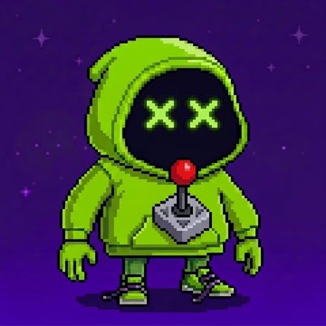 A pixel art illustration of a green hooded character with 'XX' eyes (indicating error or dead state), wearing a hoodie, sneakers, and a red joystick/control device on its chest, set against a purple starry background.