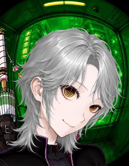 An anime-style illustration of a silver-haired character with golden eyes smiling against a green cyberpunk-themed background featuring Asian text.
