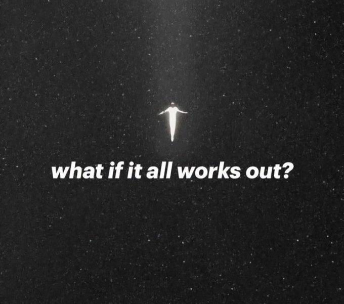 A black textured background features a small white figure of a person and the text 'what if it all works out?' centered on screen.