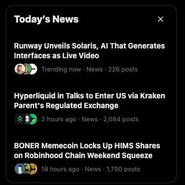 A 'Today's News' widget displaying headlines: 'Runway Unveils Solaris, AI That Generates Interfaces as Live Video' (Trending now, 226 posts), 'Hyperliquid in Talks to Enter US via Kraken Parent's Regulated Exchange' (2 hours ago, 2,084 posts), and 'BONER Memecoin Locks Up HIMS Shares on Robinhood Chain Weekend Squeeze' (18 hours ago, 1,790 posts).