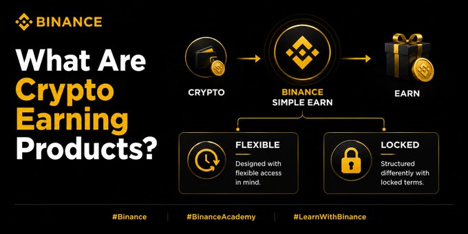 This image from Binance explains "What Are Crypto Earning Products?" and highlights Binance Simple Earn's Flexible and Locked options for earning crypto. The visual flow shows Crypto leading to Binance Simple Earn, which then allows users to Earn through Flexible or Locked products.