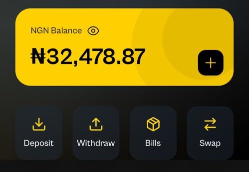 A dark-themed digital wallet interface shows an 'NGN Balance' of '₦32,478.87' on a yellow banner, with navigation buttons below for 'Deposit', 'Withdraw', 'Bills', and 'Swap'.
