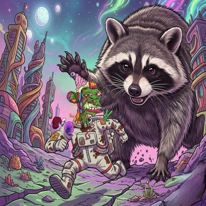 A cartoon raccoon towers over a grinning astronaut with a space helmet in a vibrant alien cityscape. The whimsical "GM to absolutely everyone" greeting fits the playful, otherworldly scene of friendly cosmic creatures exploring a colorful planetary landscape.