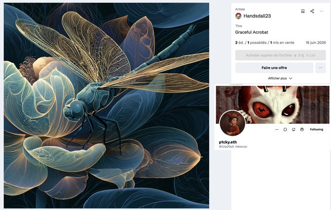 The image features a social media post with an illustration of a dragonfly, which appears to be a digital art piece or a painting. The post includes text that reads "Graceful Acrobat" and "SOLD!! A huge Thank you to @Crip2DaX for purchasing this little dragonfly ... Your support means a lot dear friend! Much love!". The post is accompanied by an image of the dragonfly, which is located in the upper right corner.