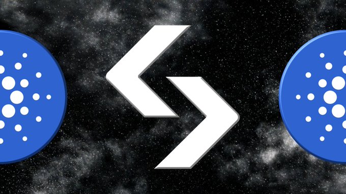 The image features two Cardano ($ADA) logos positioned on opposite sides with a white double-arrow exchange symbol in the center against a starry space-like background. This graphic visually represents cryptocurrency trading/exchange activity, aligning with Bitget's announcement highlighting $ADA as a top-performing coin with a 27% surge.