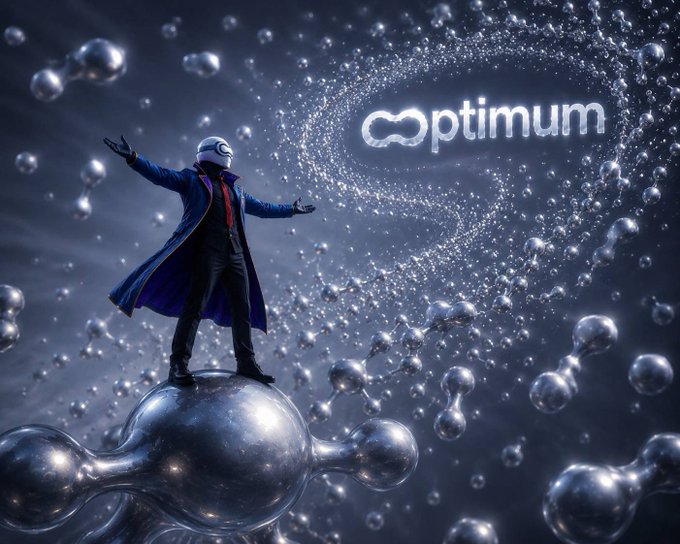A character in a blue coat and white helmet standing on a metallic molecular structure, holding a phone, with the word 'optimum' displayed among floating spheres.