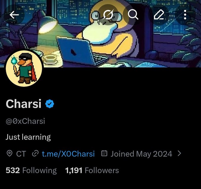 The image shows a Twitter post with a cartoon character sitting at a desk using a laptop, accompanied by text that reads "Charis just learning". The post also includes a link to a video of the character from the Pokemon Go game. The post has been shared by 532 followers and is tagged with the hashtag "#justlearning".