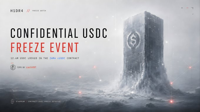 The image shows a tall, dark gray rectangular box with red lights on top of it. The background appears to be a snowy landscape, creating a dramatic setting for an event. In front of the box, there is text that reads "Confidential USDC Freeze Event". Additionally, the image contains some text about the investigation, including details such as "Zama cUSDC civil TRO", "circle blacklist", and "affected Zama users". The location of the ice sculpture in the image is unclear.