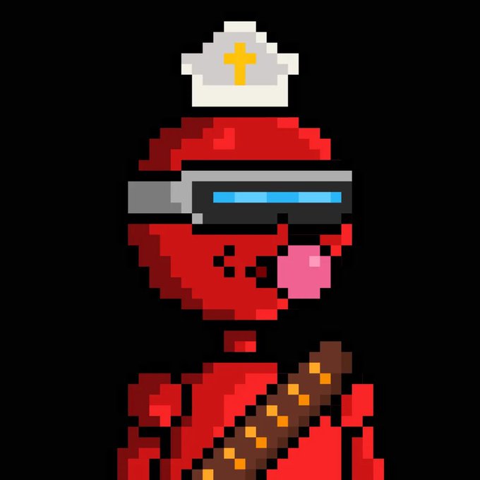 A pixel art character in red clothing wearing a white cross-adorned cap and blue visor, with a pink bubble gum bubble, set against a black background.