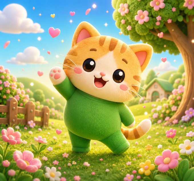 A cheerful cartoon cat in a green outfit waves joyfully amidst a vibrant garden of pink flowers, with hearts and sparkles floating around, symbolizing the early but promising growth of the $KIPSEY community on Solana.