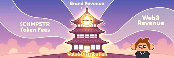 A cartoon illustration of a pagoda-style building labeled '$CHMPSTR' depicts 'Value Distribution' with arrows pointing to 'Brand Revenue', '$CHMPSTR Token Fees', and 'Web3 Revenue'.