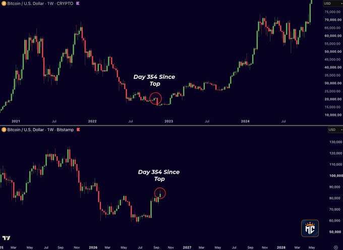 Two Bitcoin/USD weekly candlestick charts (top: CRYPTO, bottom: Bitstamp) highlight a circled candle marking "Day 354 Since Top," showing BTC's price bottoming near $16K–20K in late 2022 before rallying toward $75K–80K—a bullish setup that pairs with the "smell" comment hinting at the scent of a bear market bottom or euphoric rally.