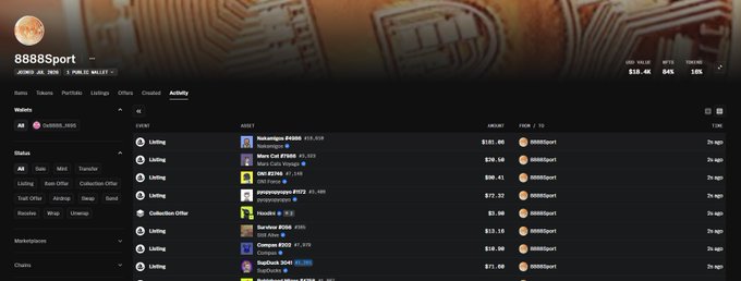 A screenshot of the 8888Sport NFT marketplace on the Sei network, showing an activity page with a wallet address and various listings.