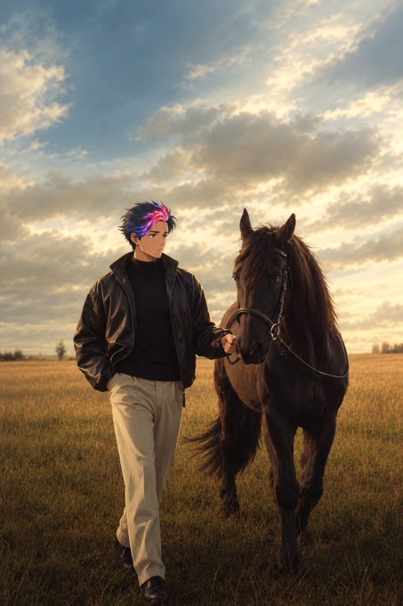 A stylized anime-style character with colorful hair, wearing a black jacket and beige pants, walks alongside a black horse across a grassy field under a dramatic cloudy sky.