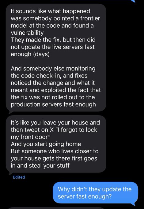 The image shows a text message conversation explaining the Liquid exchange hack, with the user using a "forgot to lock the front door" analogy to describe how a vulnerability was publicly identified and patched but not deployed quickly enough, allowing others to exploit the window. The conversation concludes with the reply "Why didn't they update the server fast enough?" in blue, which relates to the post about commentary on the Liquid hack.