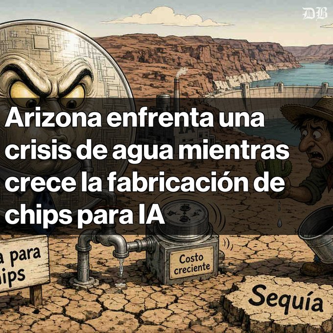 A cartoon-style news illustration in Spanish stating 'Arizona enfrenta una crisis de agua mientras crece la fabricación de chips para IA', depicting a desert landscape with cracked earth, a factory, and a dried-up reservoir.