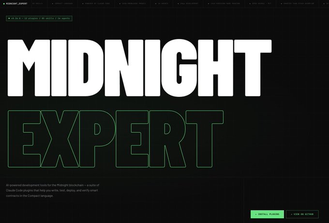 The image features a website called "Midnight Expert" with black text against a white background. The title of the website reads "Building with AI tools as a blockchain developer often means fighting hallucinations, broken code, and documentation gaps." The website is designed for developers who want to learn how to use AI tools effectively in their projects.