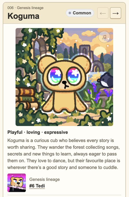 A digital collectible profile of 'Koguma' from the 006 Genesis lineage (Common rarity), described as a playful, loving, expressive curious cub with rainbow eyes.