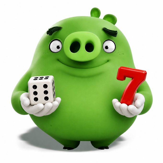 A green pig-like character holds a die showing 5 and a red number "7," visually playing on the phrase "six seven" referenced in the post about the Web3 community @sixsevenapp.