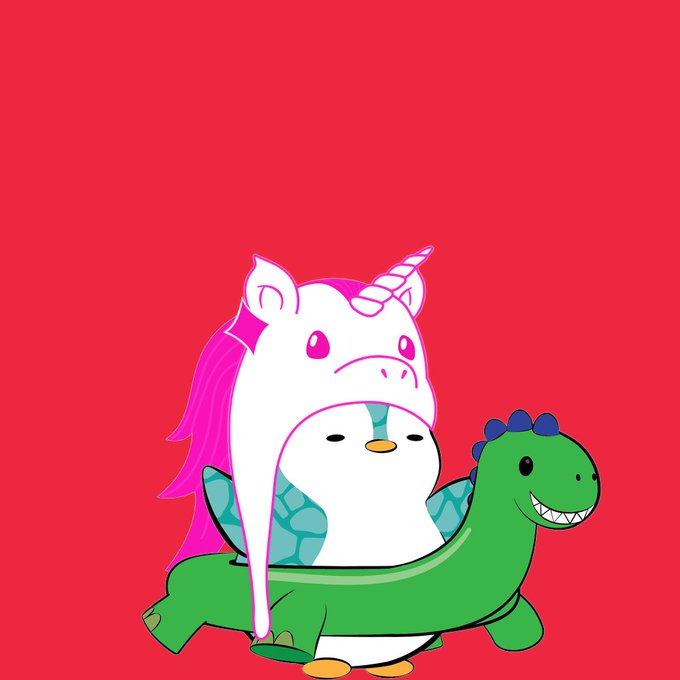 Illustration on a red background featuring a white unicorn with pink mane sitting atop a green dinosaur, with a small penguin character wearing a checkered scarf standing in front.