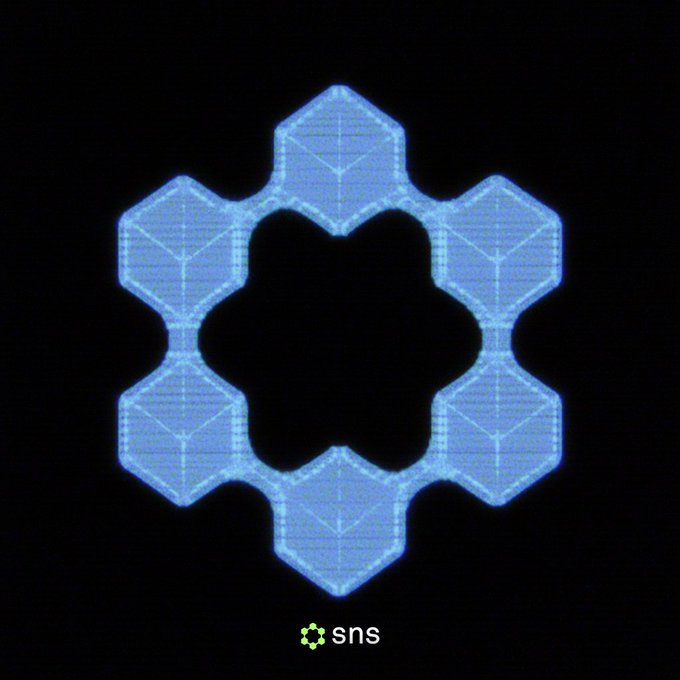 A blue geometric hexagonal logo on a black background with the text 'sns' at the bottom accompanied by a small green icon.