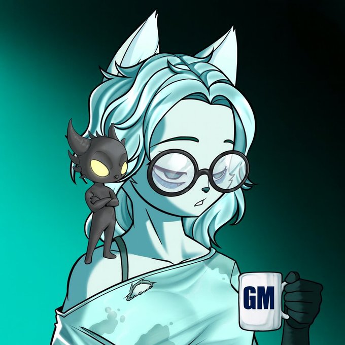 An anime-style illustration of a light blue furry character with glasses holding a 'GM' mug, with a small black cat-like creature on their shoulder.