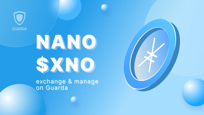 Promotional graphic for Guarda wallet featuring Nano ($XNO) cryptocurrency, with text 'NANO $XNO exchange & manage on Guarda' against a blue background with bubble accents.