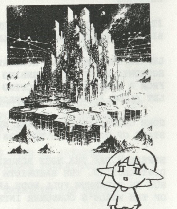 A black and white illustration showing a massive gothic city or castle towering over mountains with constellations in the sky, and a small cartoon girl with elf ears in the foreground.