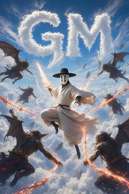 An AI-generated fantasy image showing a masked warrior in white robes wielding a glowing sword while leaping through clouds, surrounded by monstrous winged creatures, with the letters 'GM' formed by clouds in the sky above.