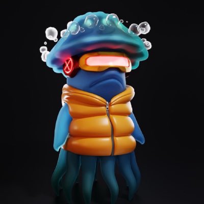 A 3D rendered character resembling a blue octopus wearing an orange puffer vest, glowing red visor, and a clear dome helmet filled with bubbles on its head.