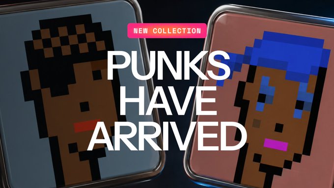 A promotional graphic with bold white text 'PUNKS HAVE ARRIVED' and a 'NEW COLLECTION' label, displayed over two pixel-art CryptoPunk style characters.