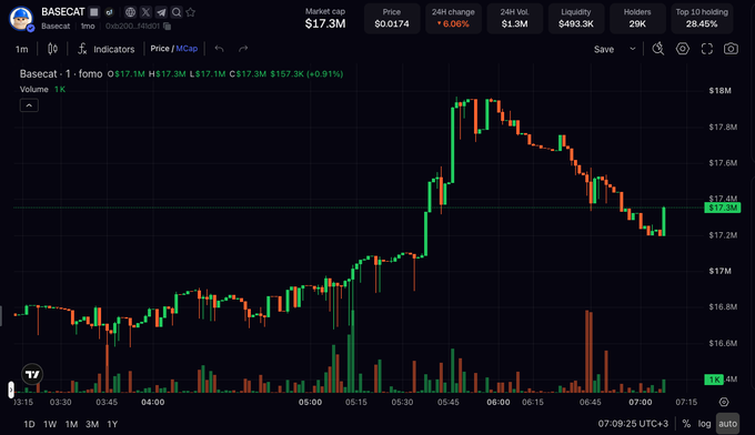 A cryptocurrency price chart on DEXTools displaying the BASECAT token (Basecat - 1mo) trading at $17.3M market cap, with a 24-hour candlestick graph showing recent volatility.