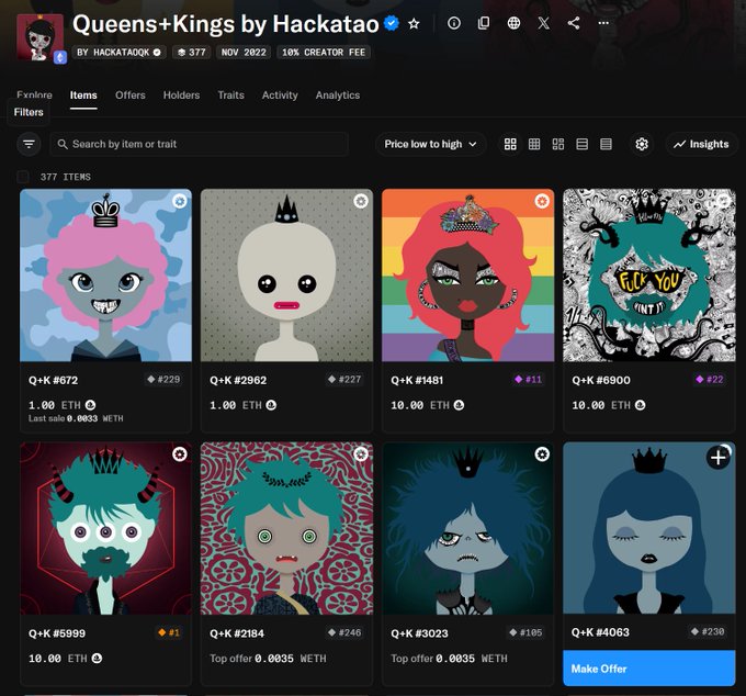 A screenshot of an NFT marketplace for the 'Queens+Kings by Hackatao' collection, showing 377 items with various cartoon-style portraits of crowned figures priced in ETH.