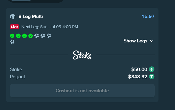 A screenshot of a Stake betting slip shows an 8-leg multi bet with a $50 stake and a potential payout of $848.32, with 4 legs marked as won (green checkmarks) and 4 still pending, tying into the World Cup parlay promotion mentioned in the post.