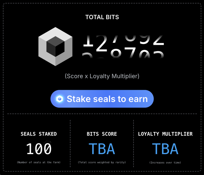 A digital dashboard displays "TOTAL BITS" showing scores of 47.92 and 67.85, with options to "Stake seals to earn," noting 100 seals staked.