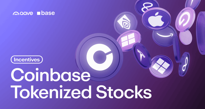 A promotional graphic with a purple background showing various tech and retail logos (Apple, Amazon, Microsoft, Tesla, etc.) as 3D tokens, with the text 'Incentives' and 'Coinbase Tokenized Stocks'.