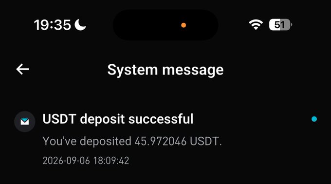 A phone screenshot displays a "System message" notification confirming "USDT deposit successful" for 45.972046 USDT on 2026-09-06, serving as proof of payment to support the post's claim of earning twice this week from Web3 referrals.