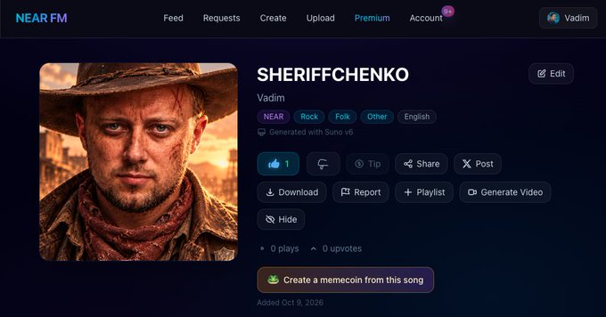 A Near FM webpage displaying a profile for 'SHERIFFCHENKO' by Vadim with tags NEAR, Rock, Folk, Other, English, generated with Suno v3, added Oct 9, 2026.