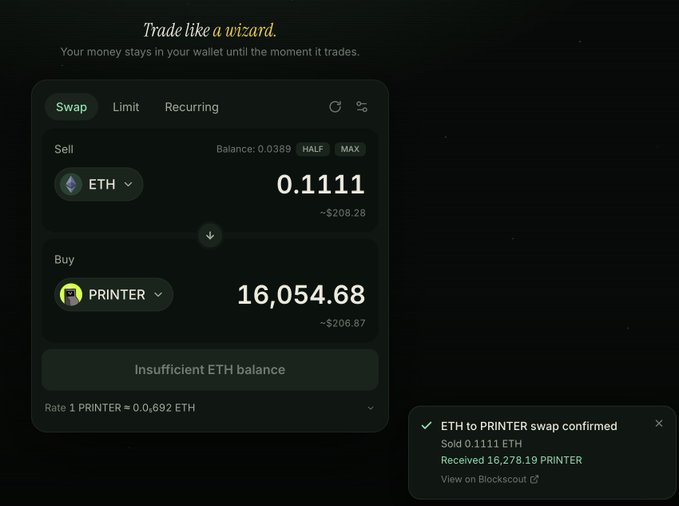 A screenshot of a crypto swap interface on Mancer, displaying a trade of 0.1111 ETH for 16,054.68 PRINTER, with a confirmation notification indicating a successful swap of 0.1111 ETH for 16,278.19 PRINTER. The image visually documents the user's purchase of $PRINTER, matching the caption.