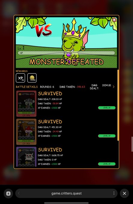 A mobile game screenshot showing a 'MONSTER DEFEATED' victory screen featuring a crowned green goblin character, with battle details indicating 'SURVIVED' for multiple characters across rounds.