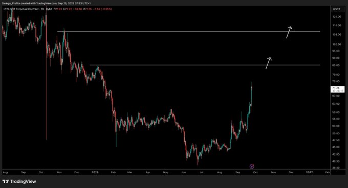 A TradingView daily chart of LTC/USDT Perpetual Contract shows a strong recovery from July lows toward two horizontal resistance lines marked with arrows near $80 and $115, aligning with the post's outlook that macro targets for Litecoin remain in play over the coming weeks.