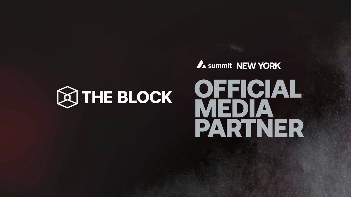 A dark promotional graphic displays "THE BLOCK" and "Summit NEW YORK" logos alongside bold text reading "OFFICIAL MEDIA PARTNER," announcing The Block's role as the official media partner for the upcoming Avalanche Summit on September 16-17 in New York City.