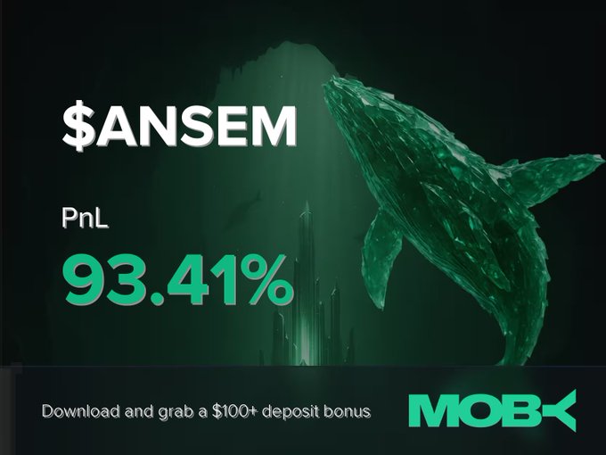 A promotional graphic from Moby showcases a trader closing a $ANSEM position with an impressive 93.41% PnL, featuring a large green whale graphic against an underwater backdrop alongside a call-to-action offering a $100+ deposit bonus for downloading the app.