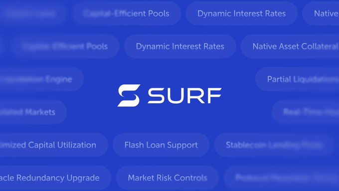 A blue promotional banner for 'SURF' displaying various DeFi features including Capital Efficient Pools, Dynamic Interest Rates, Native Asset Collateral, and Flash Loan Support.