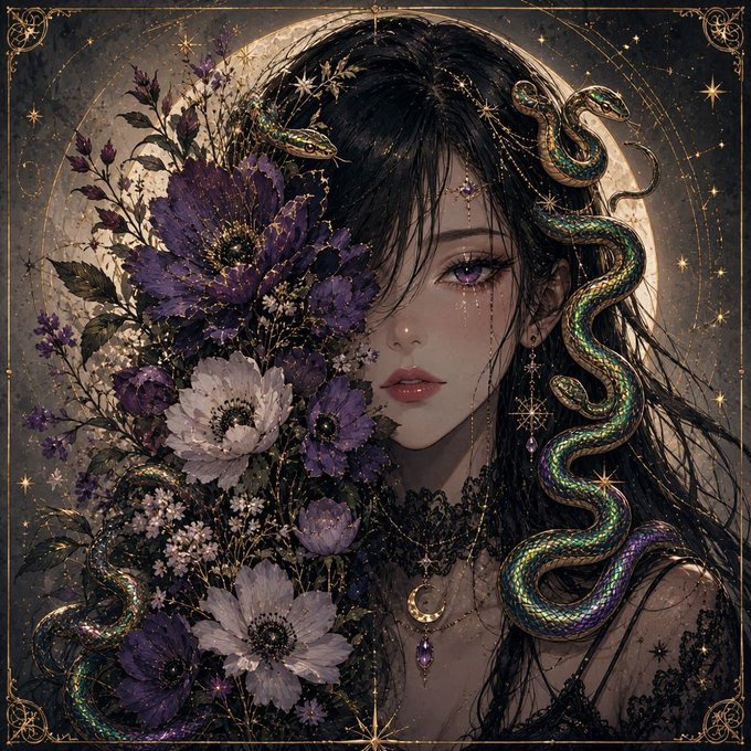 A digital fantasy illustration of a dark-haired woman with purple eyes surrounded by flowers, snakes, and a moonlit background.