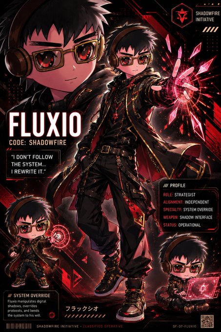 An anime character profile card titled 'FLUXIO' with code SHADOWFIRE, showing a character with headphones and glasses, described as a Strategist with the quote 'I don't follow the system... I rewrite it.'