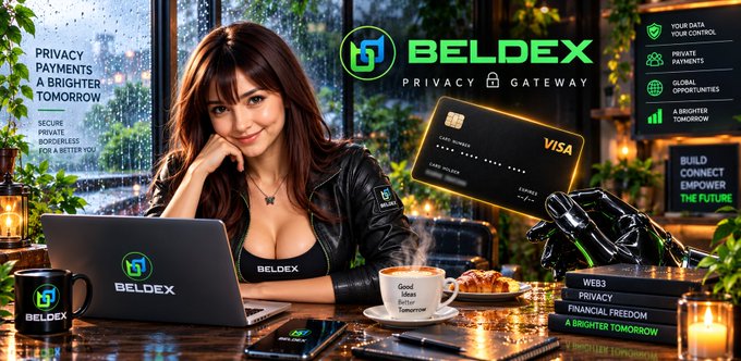 A promotional advertisement for BELDEX featuring a smiling brunette woman at a table with a laptop displaying the BELDEX logo, alongside a gold VISA credit card and marketing text about privacy payments.